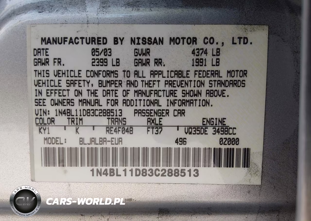2003 Nissan Altima 3.5 Se VIN:1N4BL11D83C288513 - 9