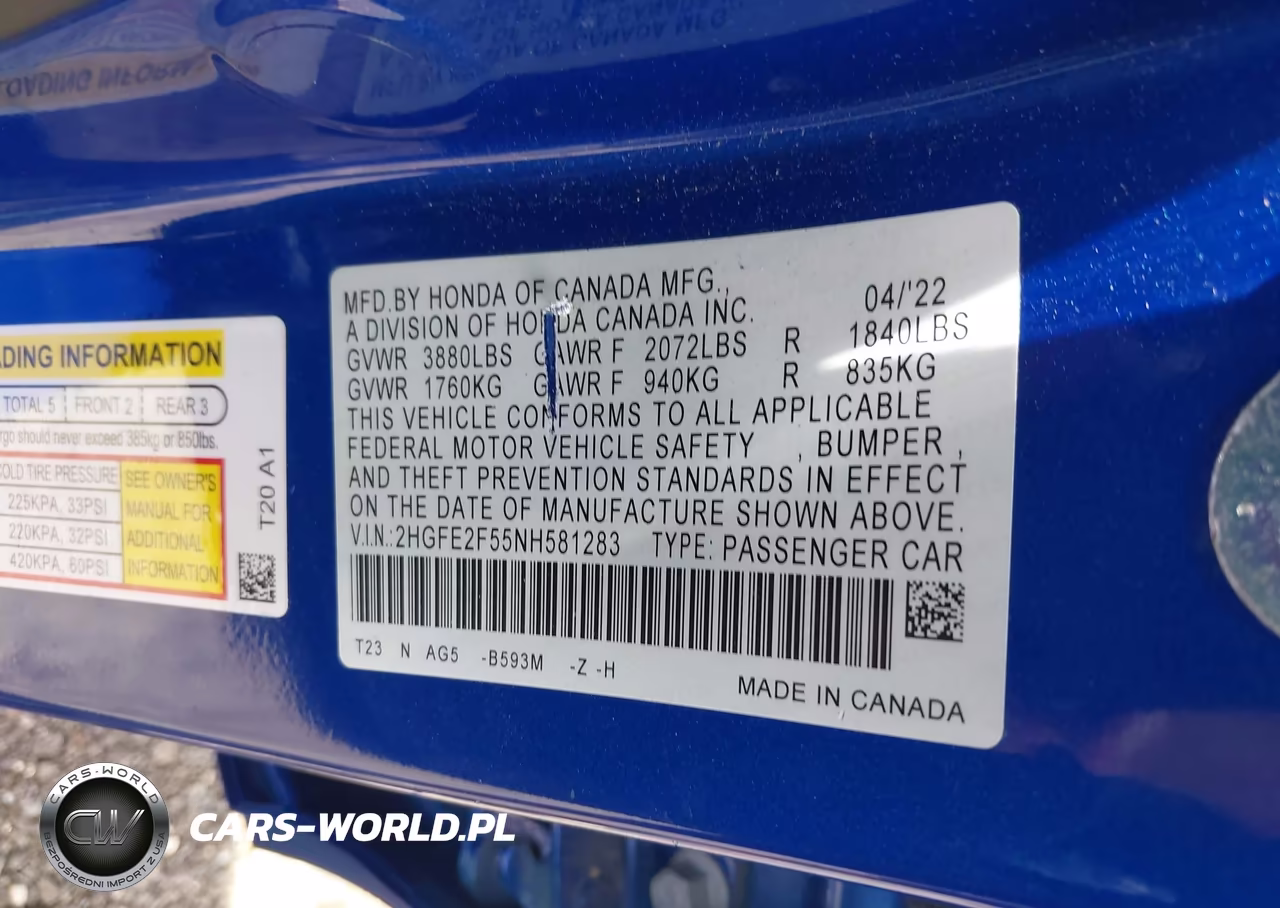 2022 Honda Civic Sport VIN:2HGFE2F55NH581283 - 9