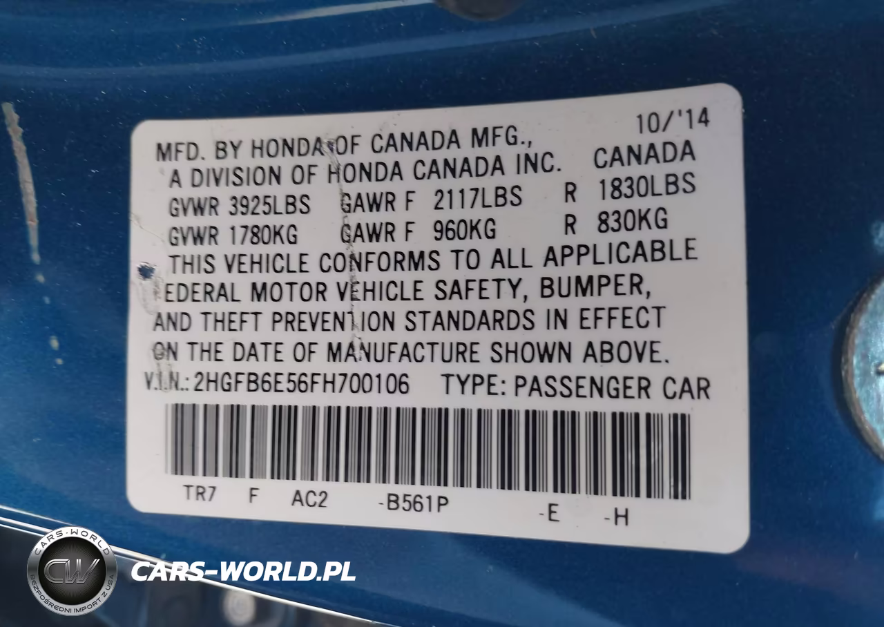 2015 Honda Civic Si VIN:2HGFB6E56FH700106 - 9