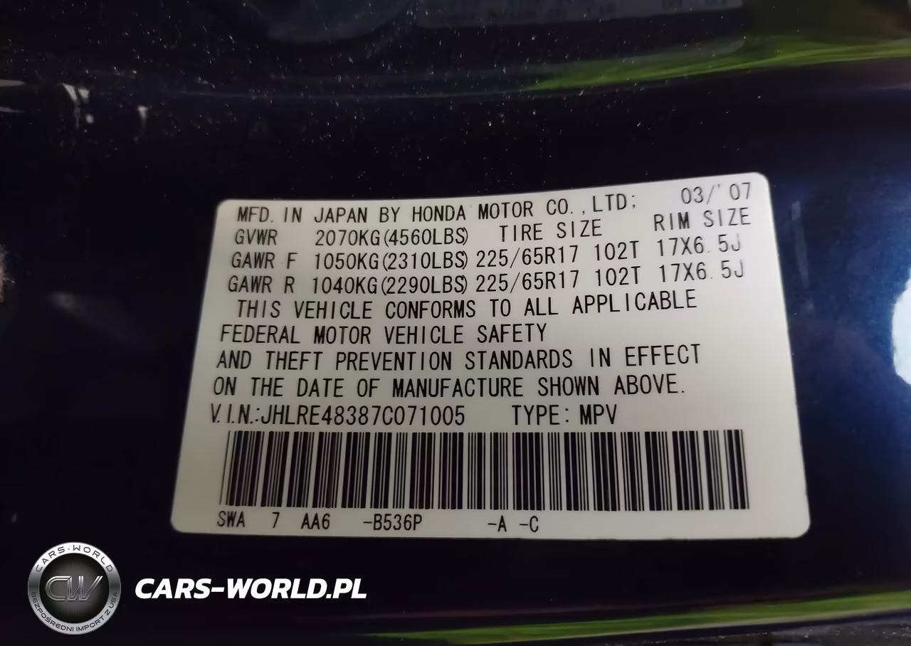 2007 Honda Cr-V Lx VIN:JHLRE48387C071005 - 9