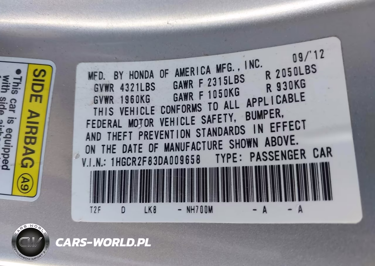 2013 Honda Accord Ex-L VIN:1HGCR2F83DA009658 - 9