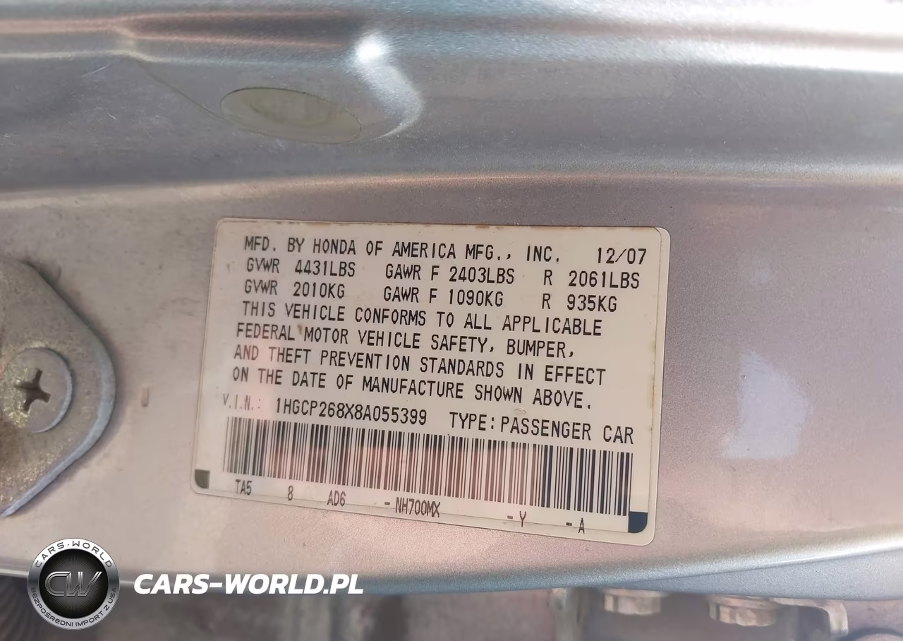 2008 Honda Accord 2.4 Ex-L VIN:1HGCP268X8A055399 - 9