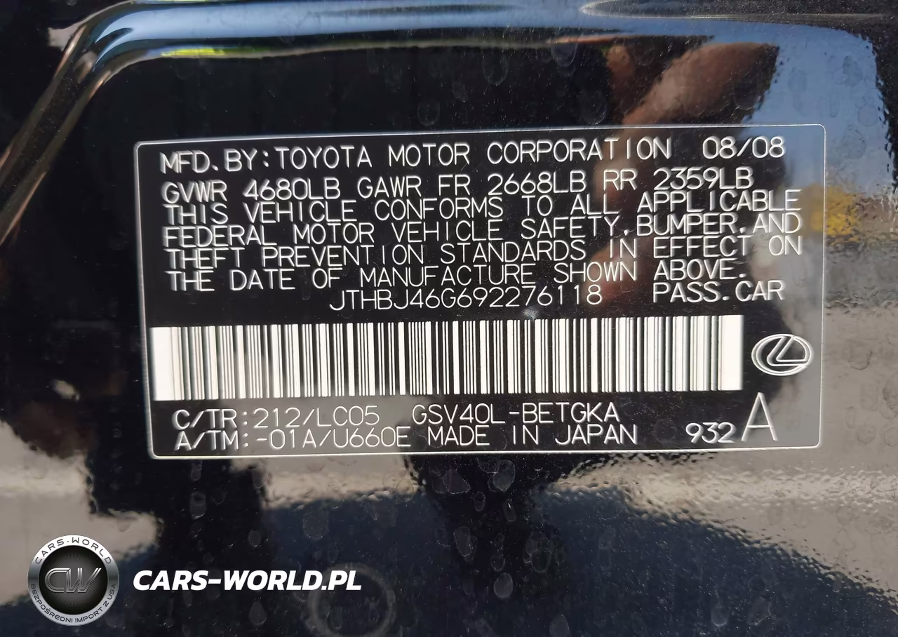 2009 Lexus Es 350 VIN:JTHBJ46G692276118 - 9