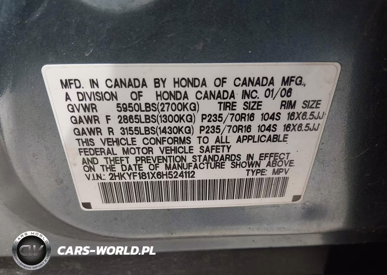 2006 Honda Pilot Lx VIN:2HKYF181X6H524112 - 9