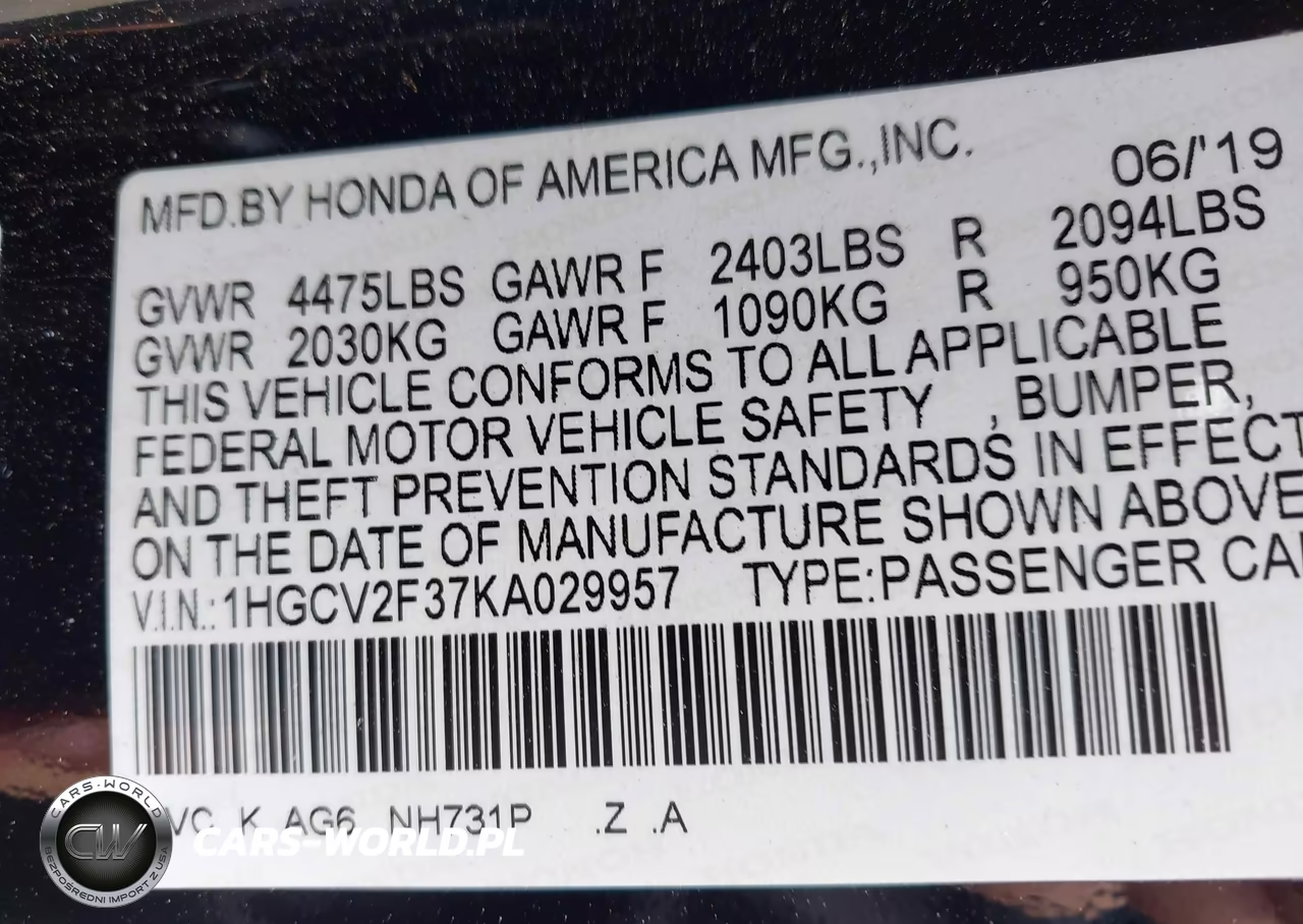 2019 Honda Accord Sport 2.0T VIN:1HGCV2F37KA029957 - 9