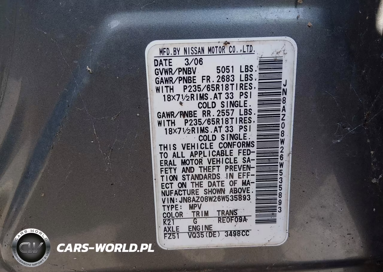 2006 Nissan Murano Sl VIN:JN8AZ08W26W535893 - 9