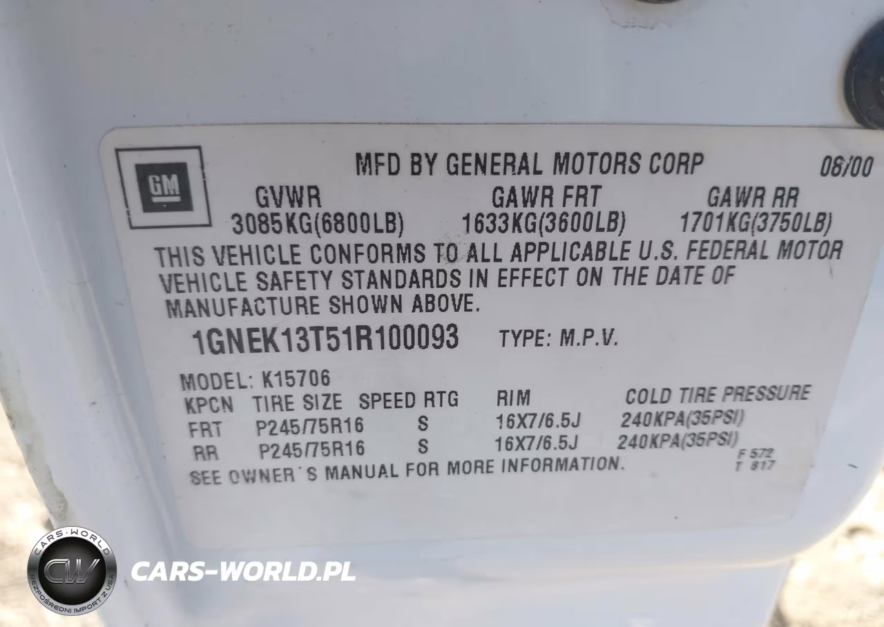 2001 Chevrolet Tahoe Ls VIN:1GNEK13T51R100093 - 9