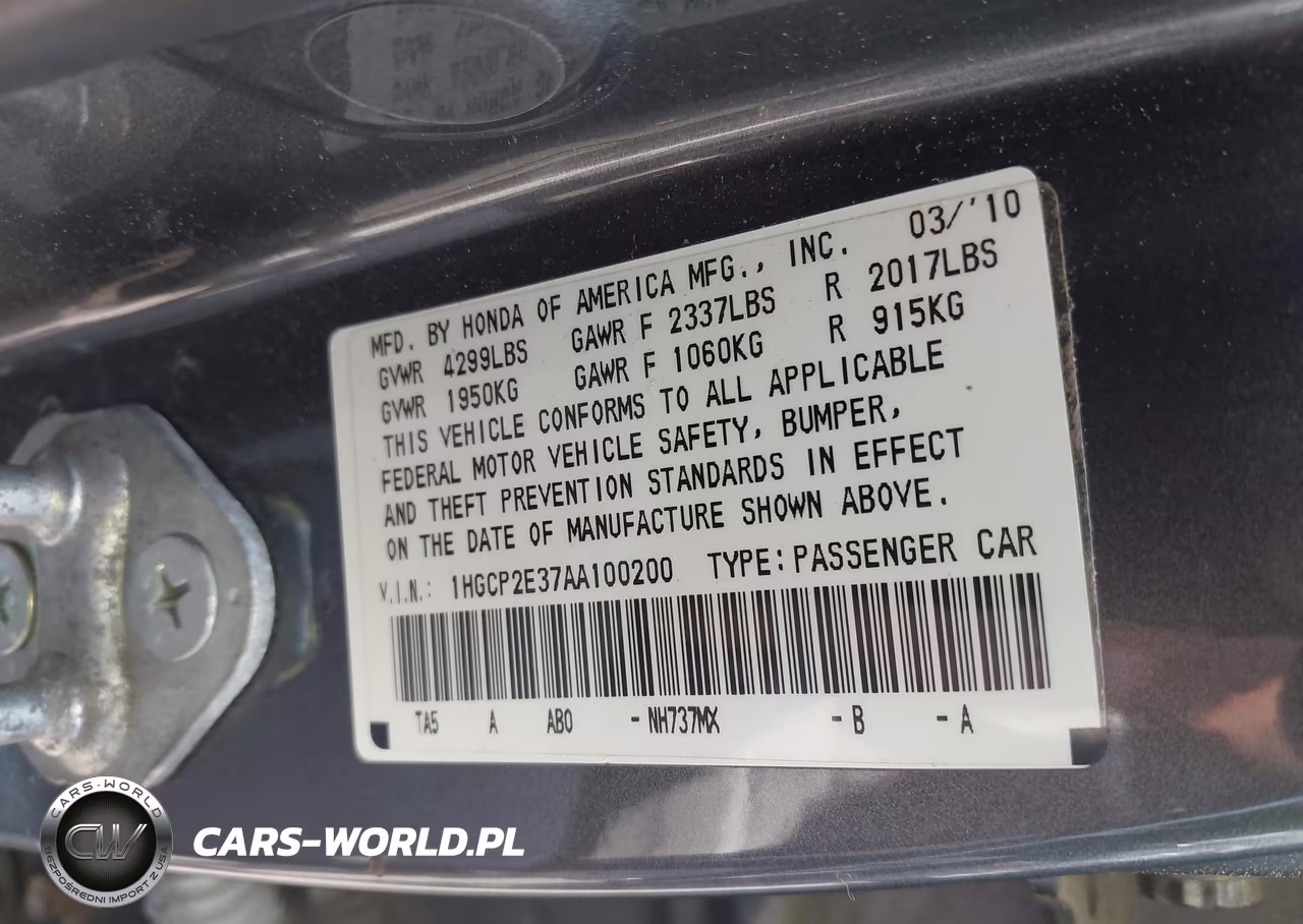2010 Honda Accord 2.4 Lx VIN:1HGCP2E37AA100200 - 9