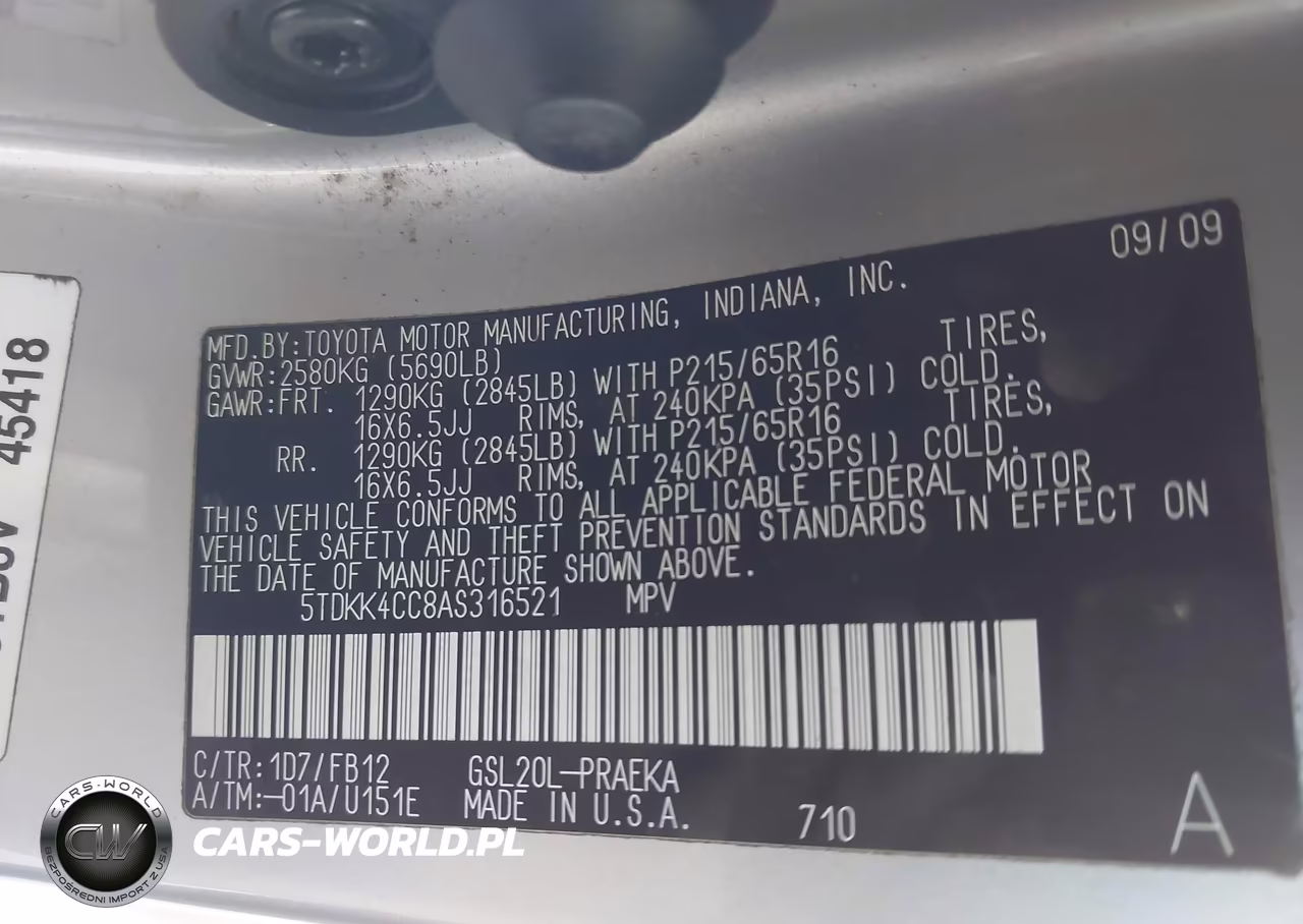 2010 Toyota Sienna Ce VIN:5TDKK4CC8AS316521 - 9