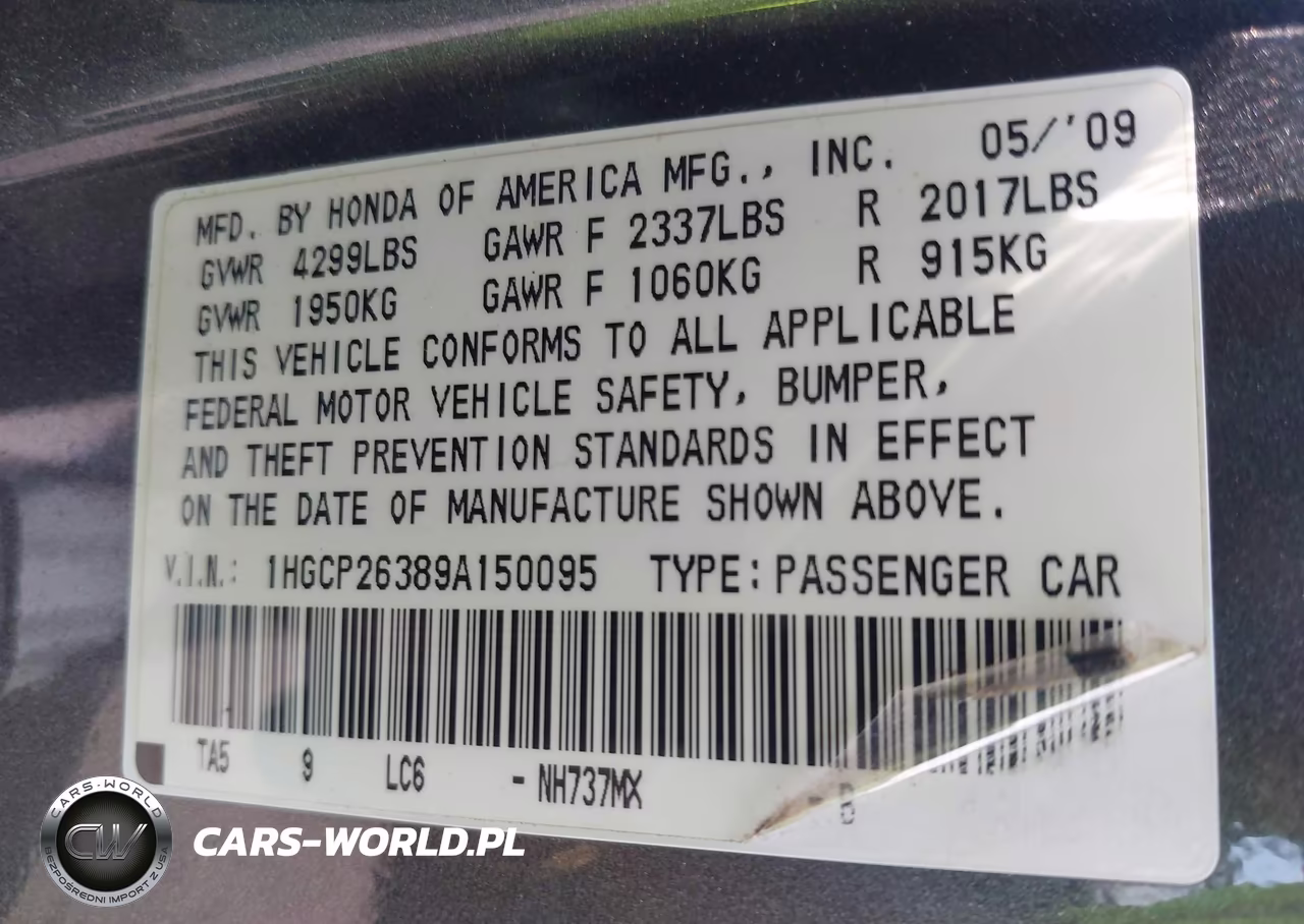2009 Honda Accord 2.4 Lx VIN:1HGCP26389A150095 - 9