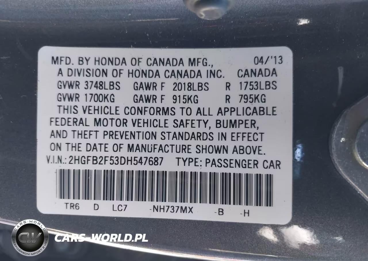 2013 Honda Civic Lx VIN:2HGFB2F53DH547687 - 9