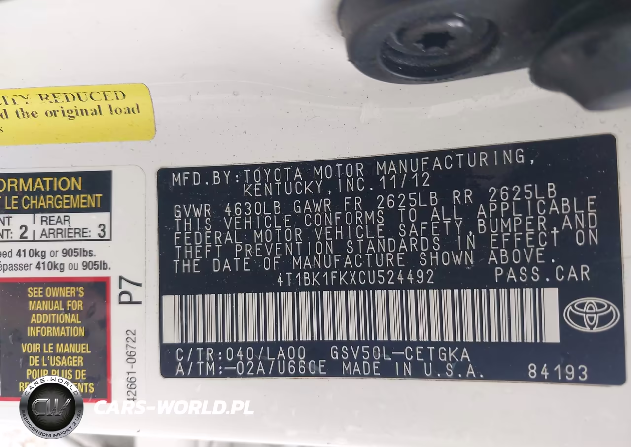 2012 Toyota Camry Xle V6 VIN:4T1BK1FKXCU524492 - 9