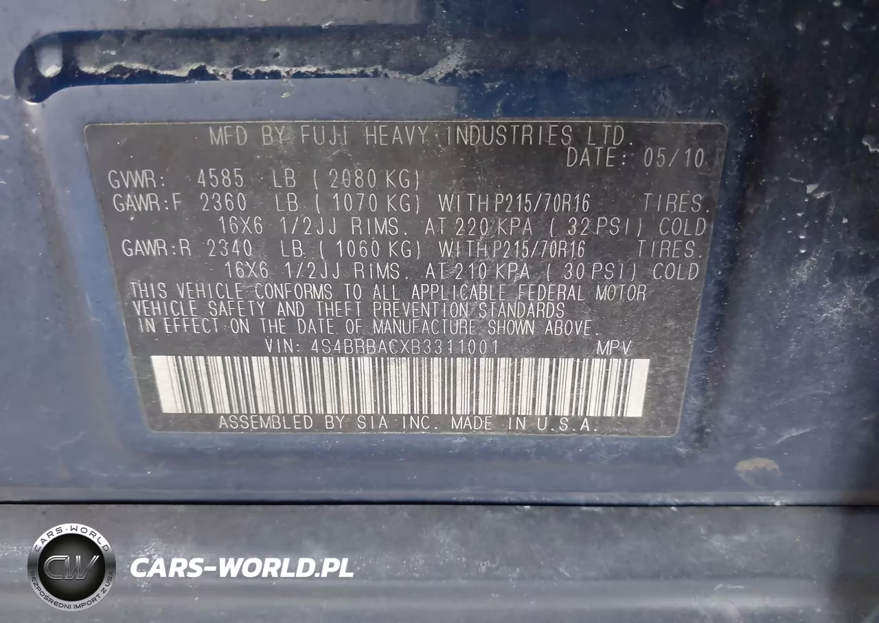 2011 Subaru Outback 2.5I VIN:4S4BRBACXB3311001 - 9
