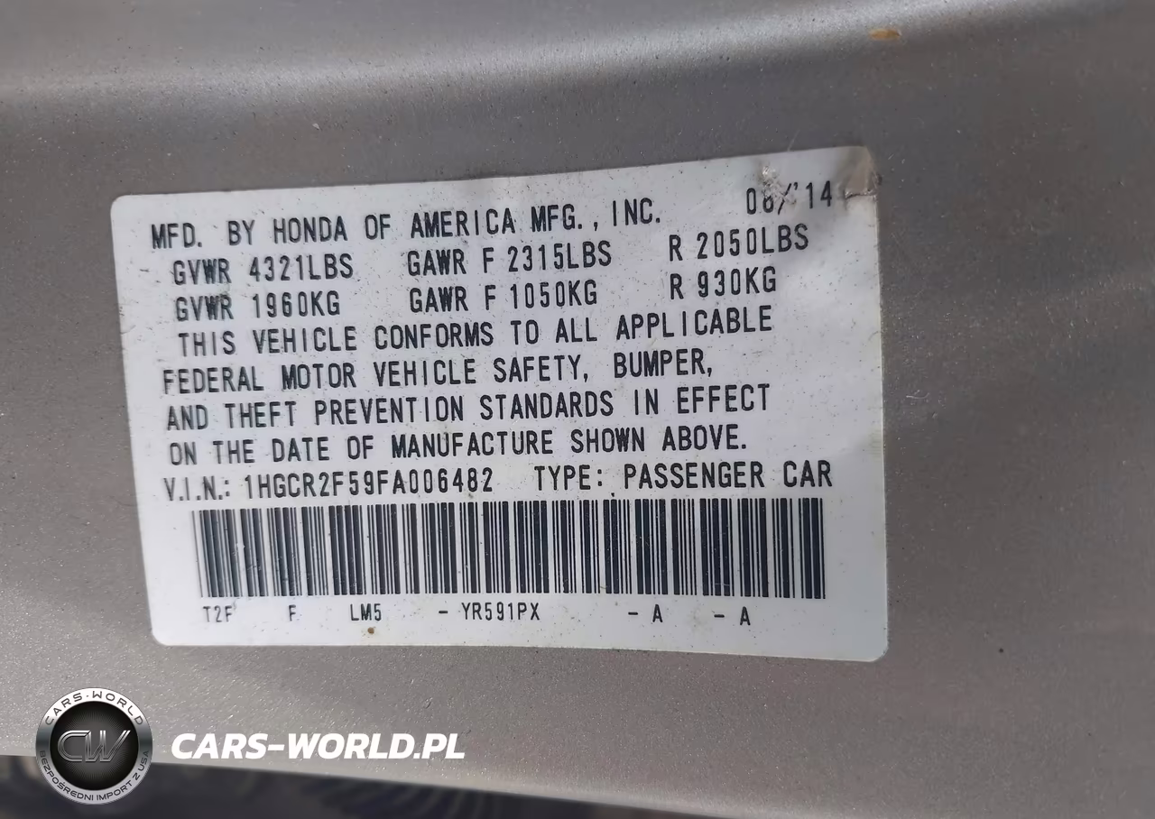 2015 Honda Accord Sport VIN:1HGCR2F59FA006482 - 9