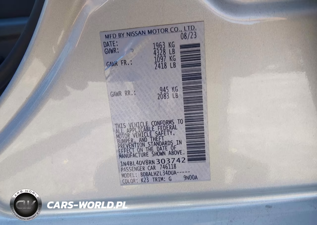 2024 Nissan Altima Sv Fwd VIN:1N4BL4DV8RN303742 - 9