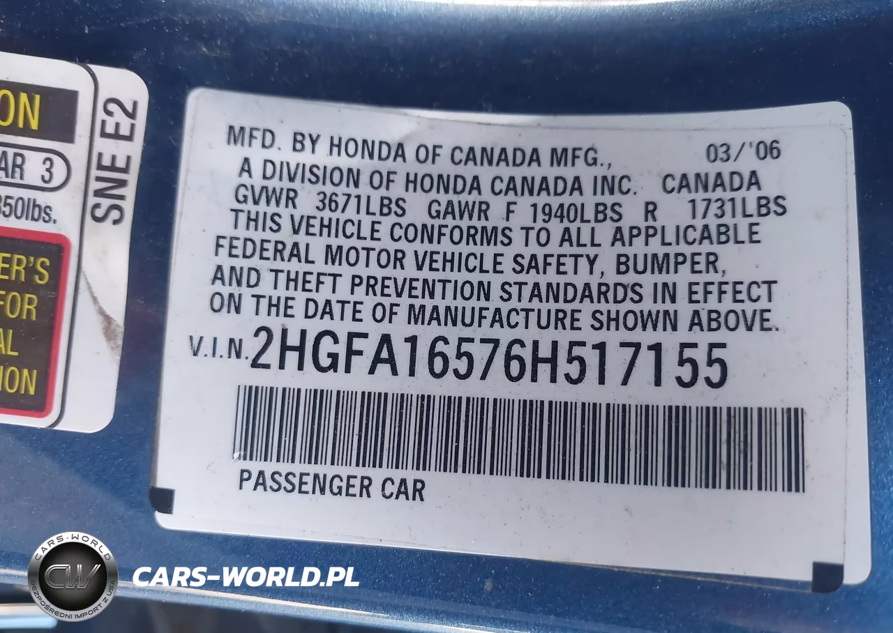 2006 Honda Civic Lx VIN:2HGFA16576H517155 - 9