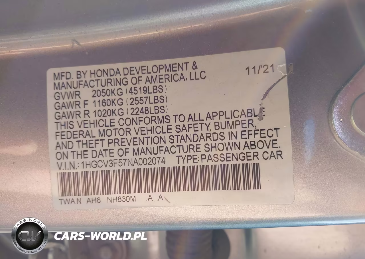2022 Honda Accord Hybrid Ex-L VIN:1HGCV3F57NA002074 - 9