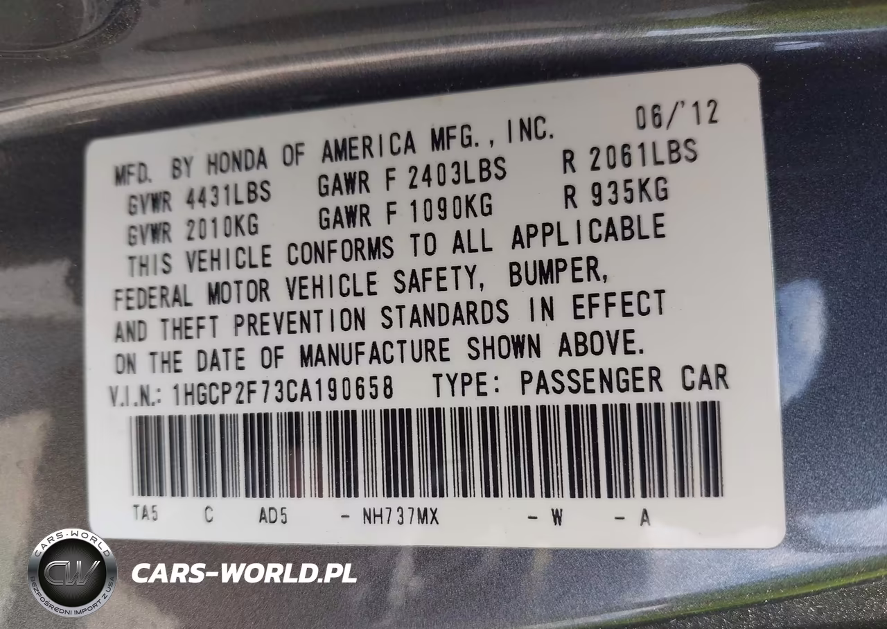 2012 Honda Accord 2.4 Ex VIN:1HGCP2F73CA190658 - 9
