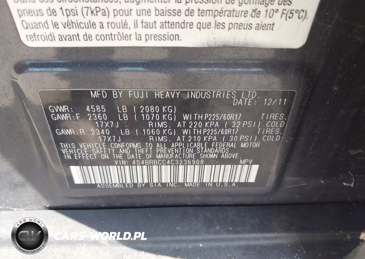 2012 Subaru Outback 2.5I Premium VIN:4S4BRBCC4C3236908 - 9