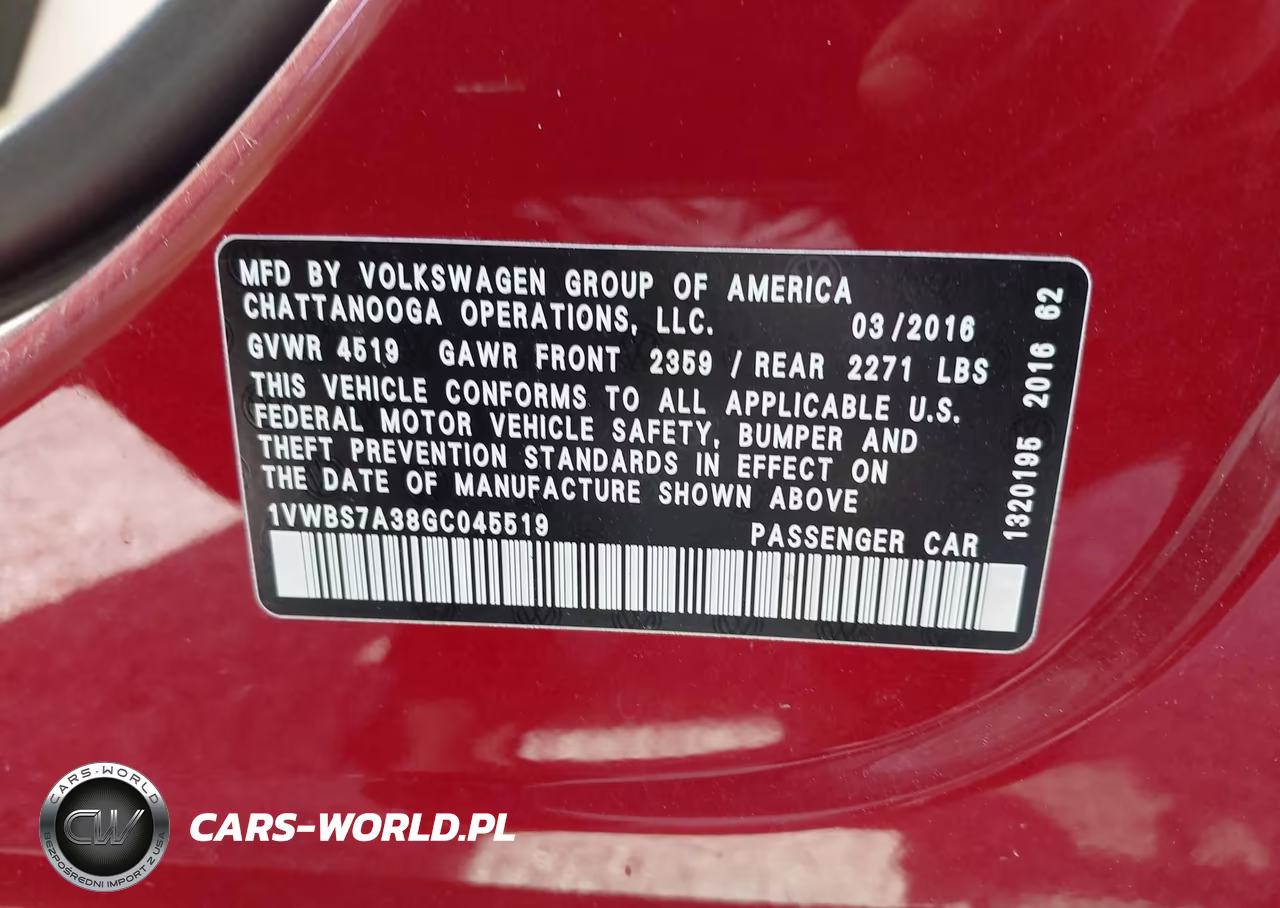 VOLKSWAGEN PASSAT VIN:1VWBS7A38GC045519 - 9