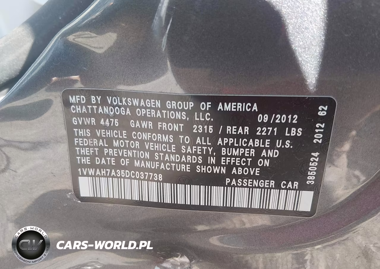 2013 Volkswagen Passat 2.5L S VIN:1VWAH7A35DC037738 - 9