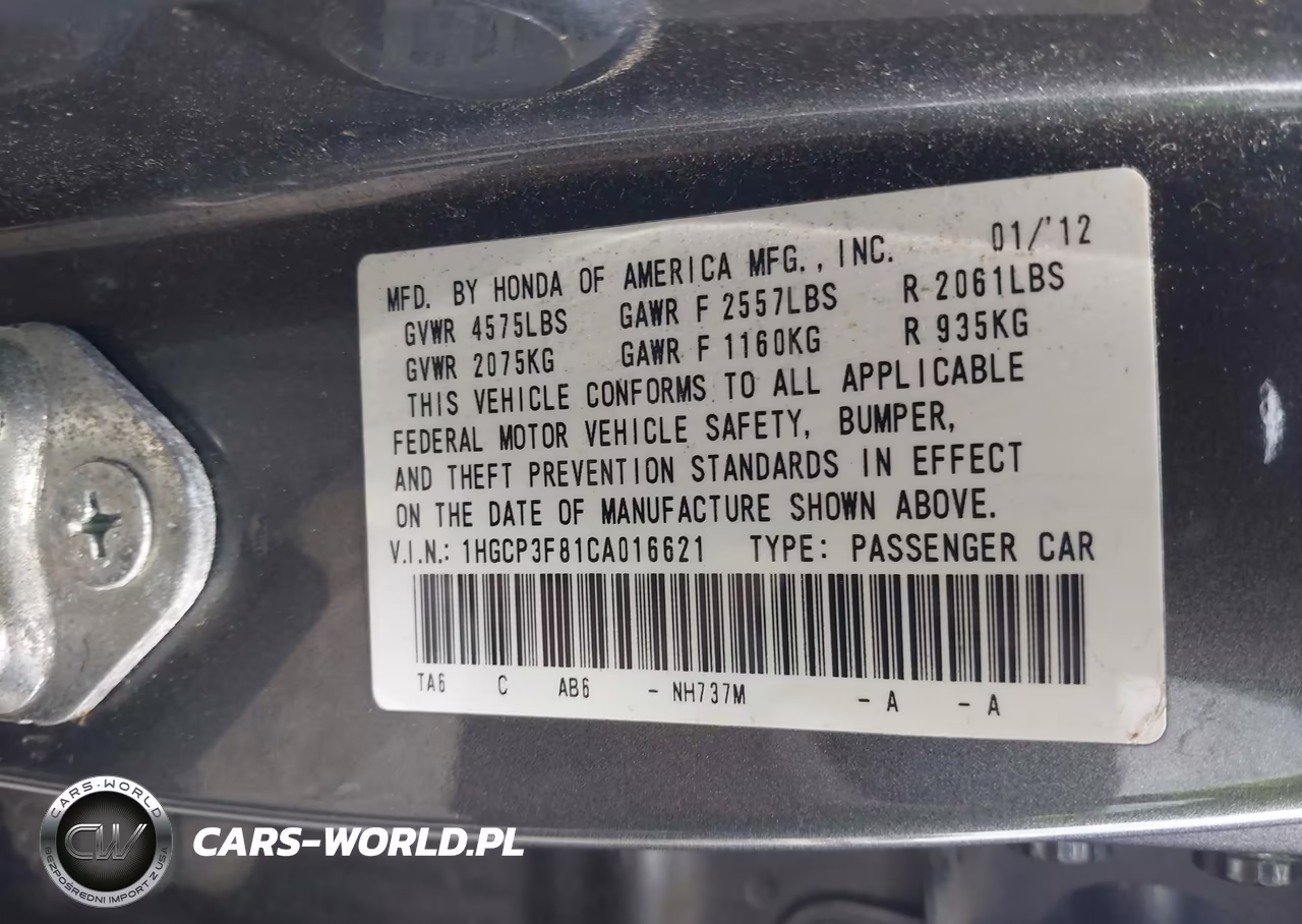 2012 Honda Accord 3.5 Ex-L VIN:1HGCP3F81CA016621 - 9