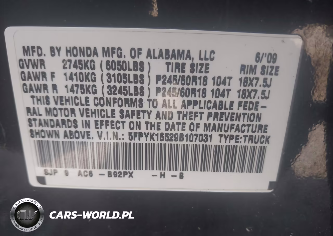 2009 Honda Ridgeline Rtl VIN:5FPYK16529B107031 - 9