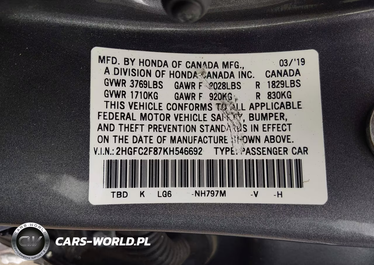 2019 Honda Civic Sport VIN:2HGFC2F87KH546692 - 9