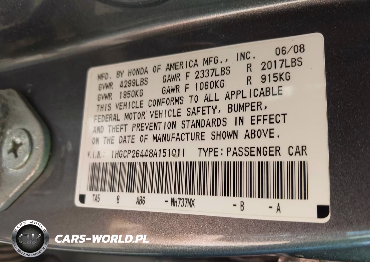 2008 Honda Accord 2.4 Lx-P VIN:1HGCP26448A151011 - 9