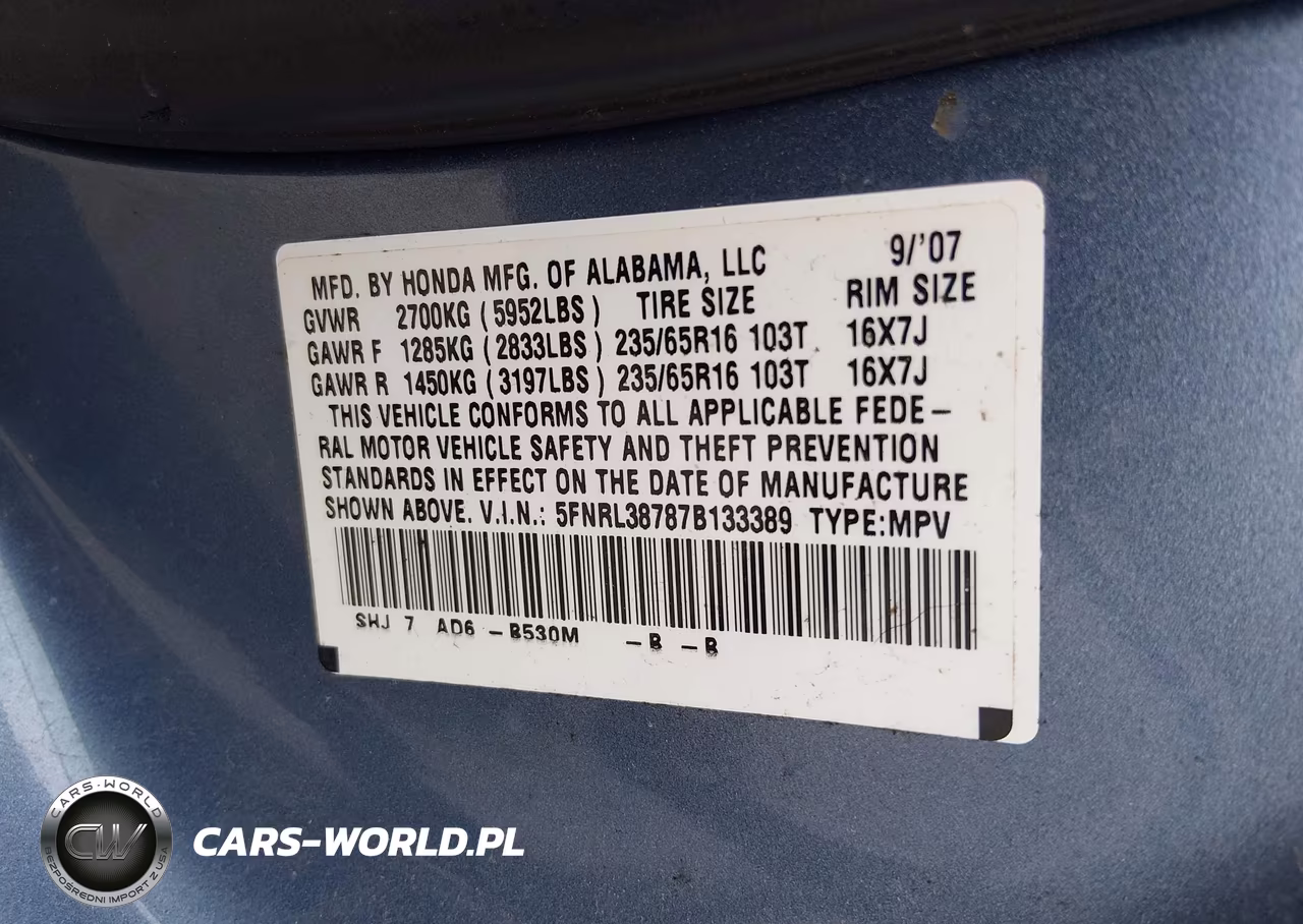 2007 Honda Odyssey Ex-L VIN:5FNRL38787B133389 - 9