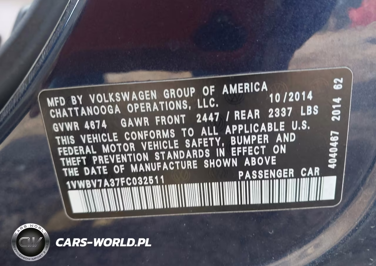 2015 Volkswagen Passat 2.0L Tdi Se VIN:1VWBV7A37FC032511 - 9