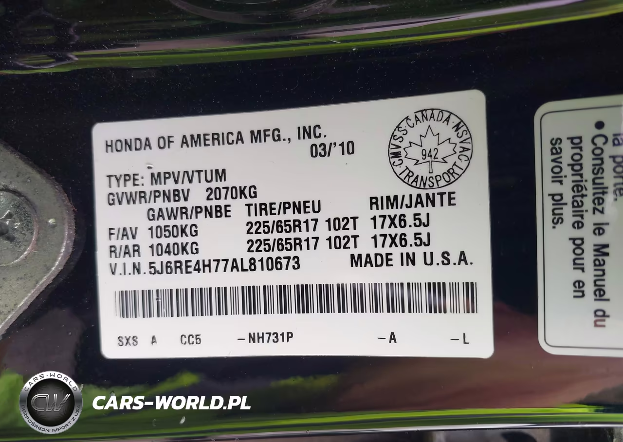 2010 Honda Cr-V Ex-L VIN:5J6RE4H77AL810673 - 9