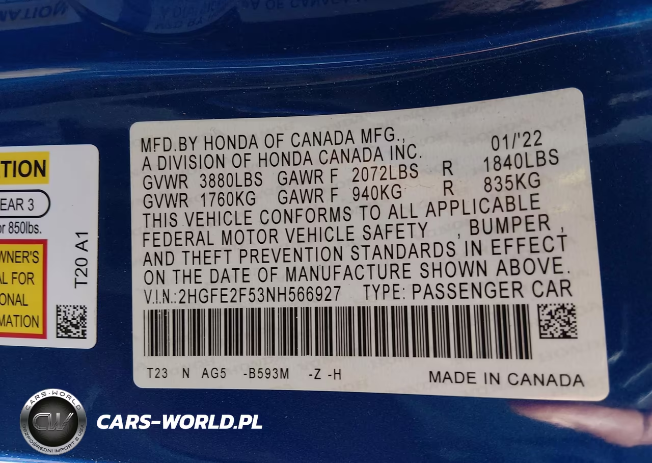 2022 Honda Civic Sport VIN:2HGFE2F53NH566927 - 9