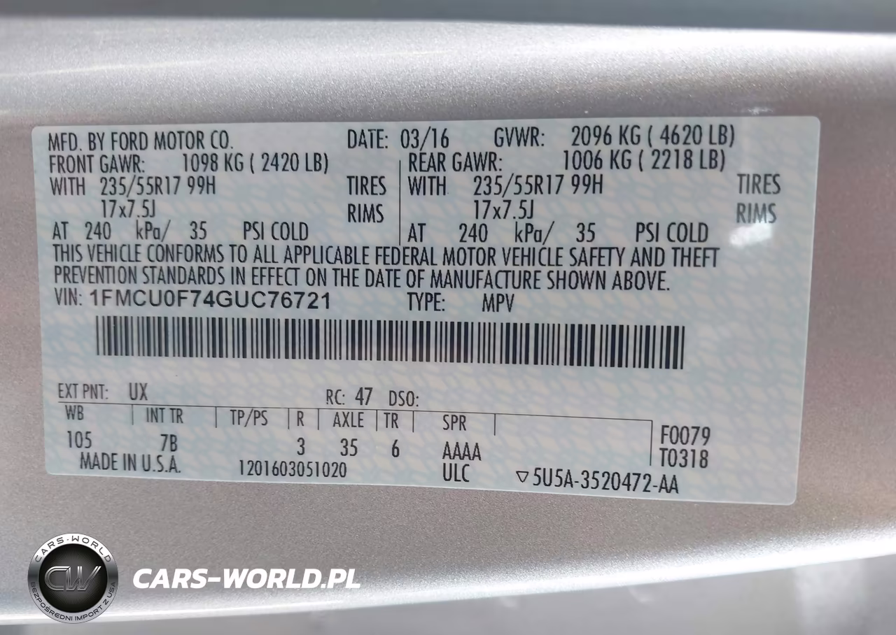 2016 Ford Escape S VIN:1FMCU0F74GUC76721 - 9
