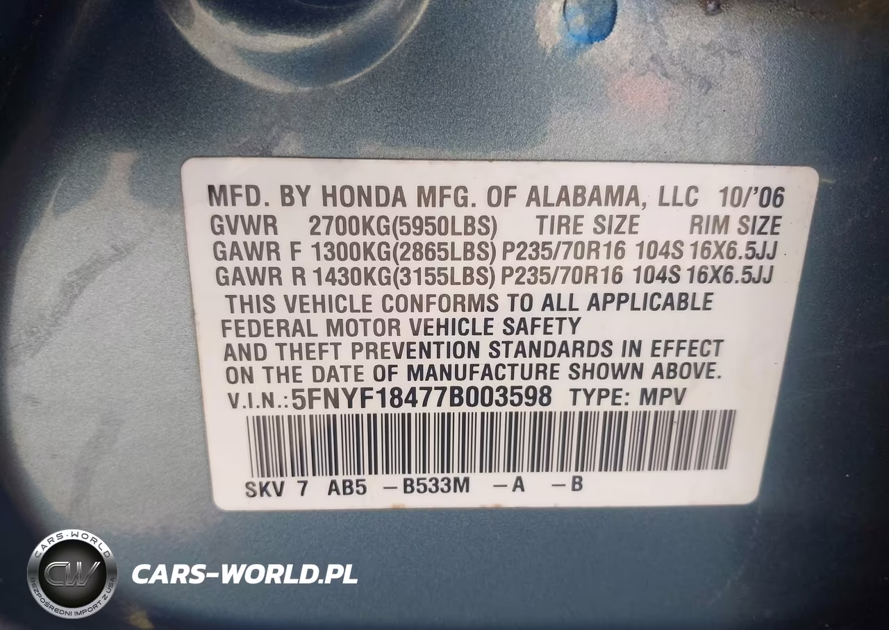 2007 Honda Pilot Ex VIN:5FNYF18477B003598 - 9