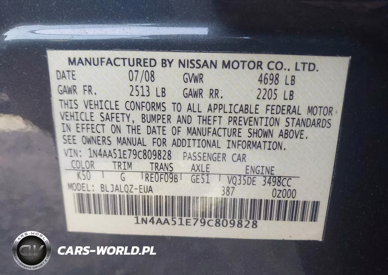 2009 Nissan Maxima 3.5 S VIN:1N4AA51E79C809828 - 9