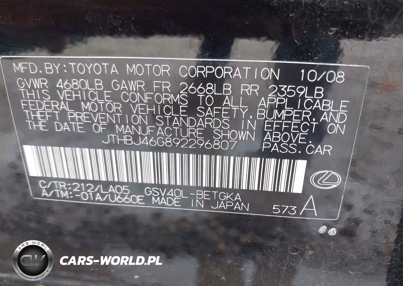 2009 Lexus Es 350 VIN:JTHBJ46G892296807 - 9