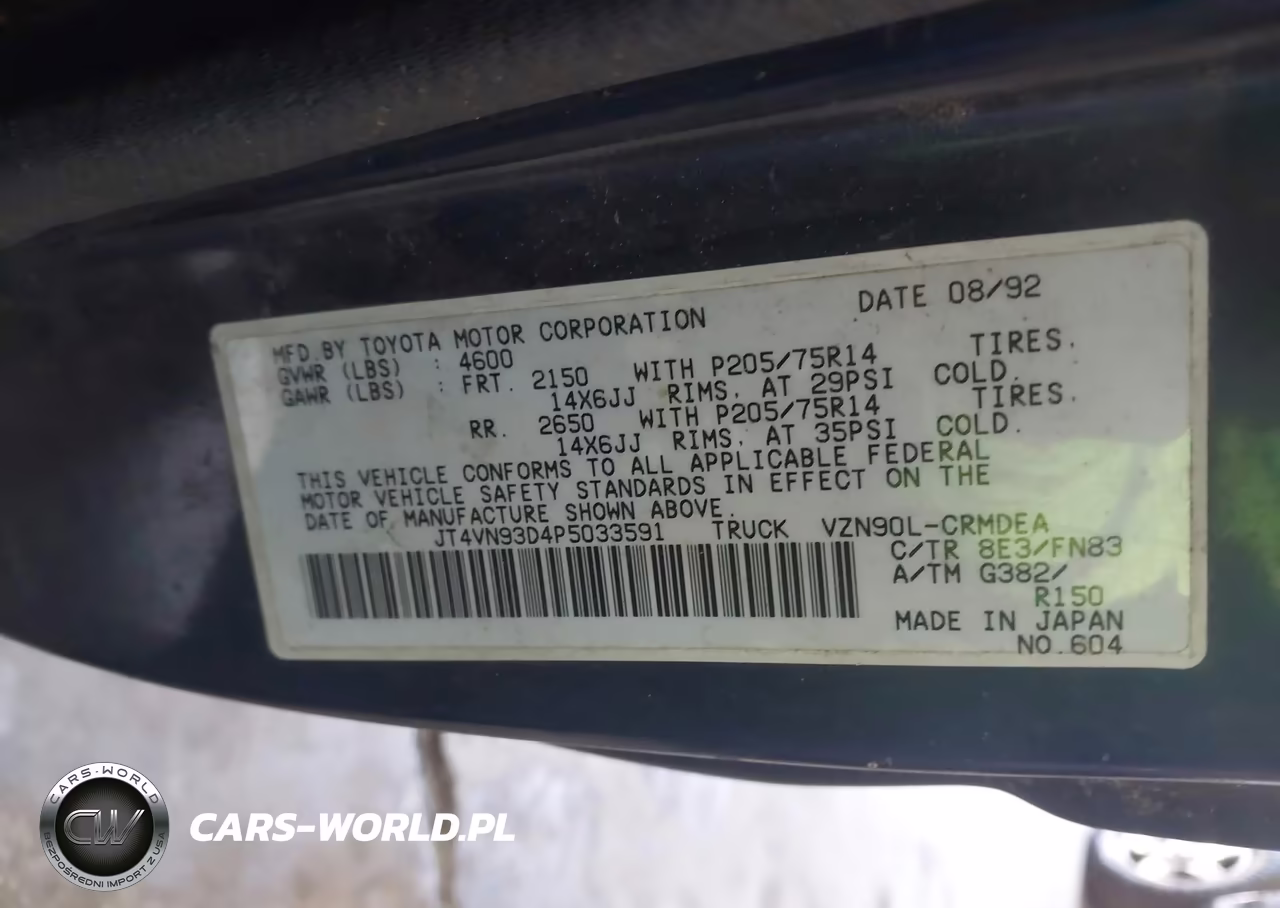 1993 Toyota Pickup 1-2 Ton Ex Long Whlbse Dx VIN:JT4VN93D4P5033591 - 9