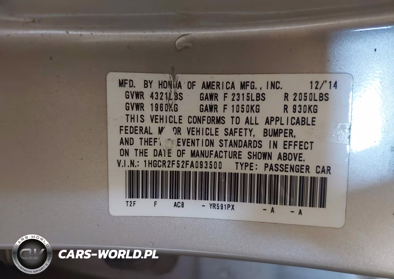 2015 Honda Accord Sport VIN:1HGCR2F52FA093500 - 9