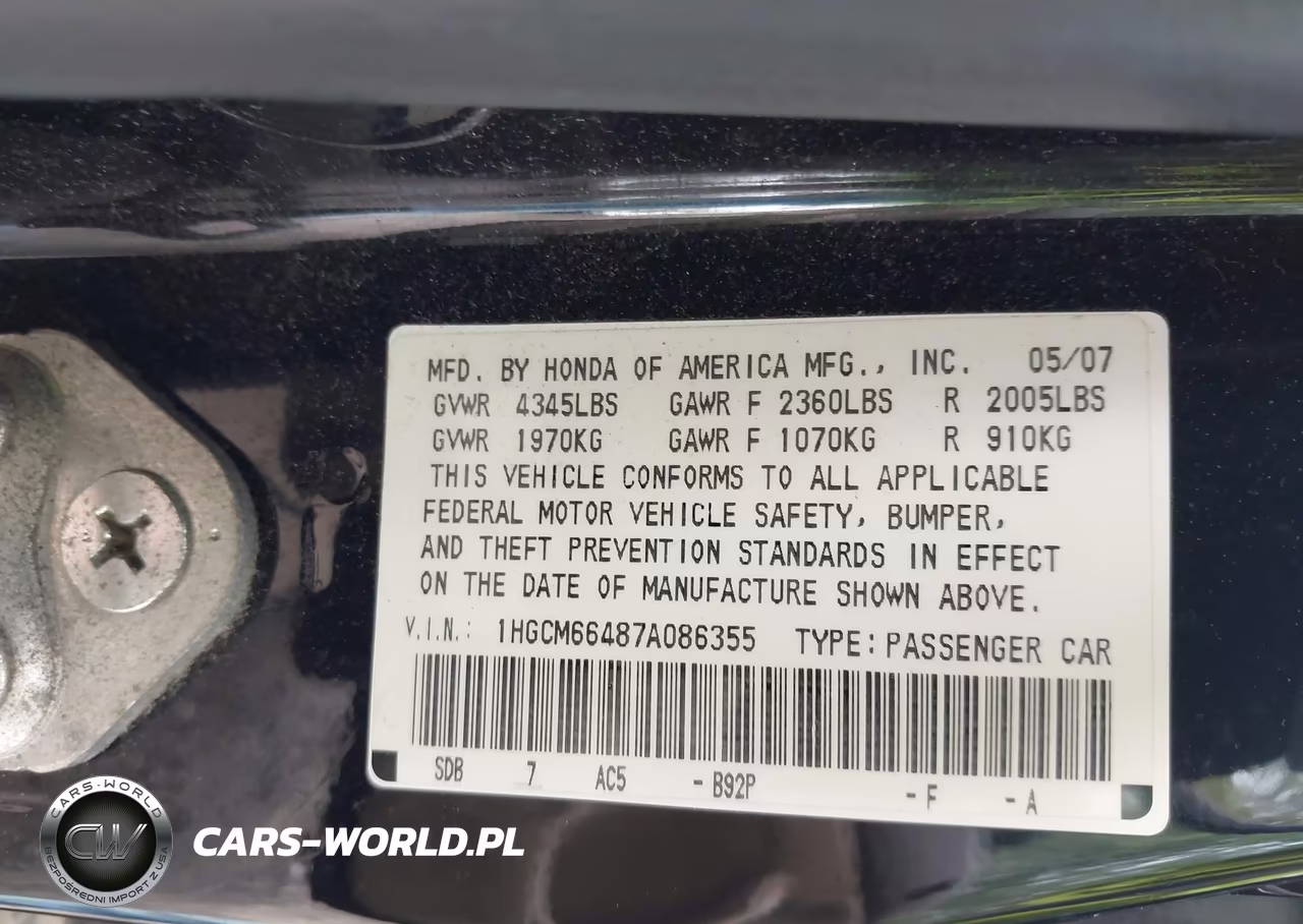 2007 Honda Accord 3.0 Se VIN:1HGCM66487A086355 - 9