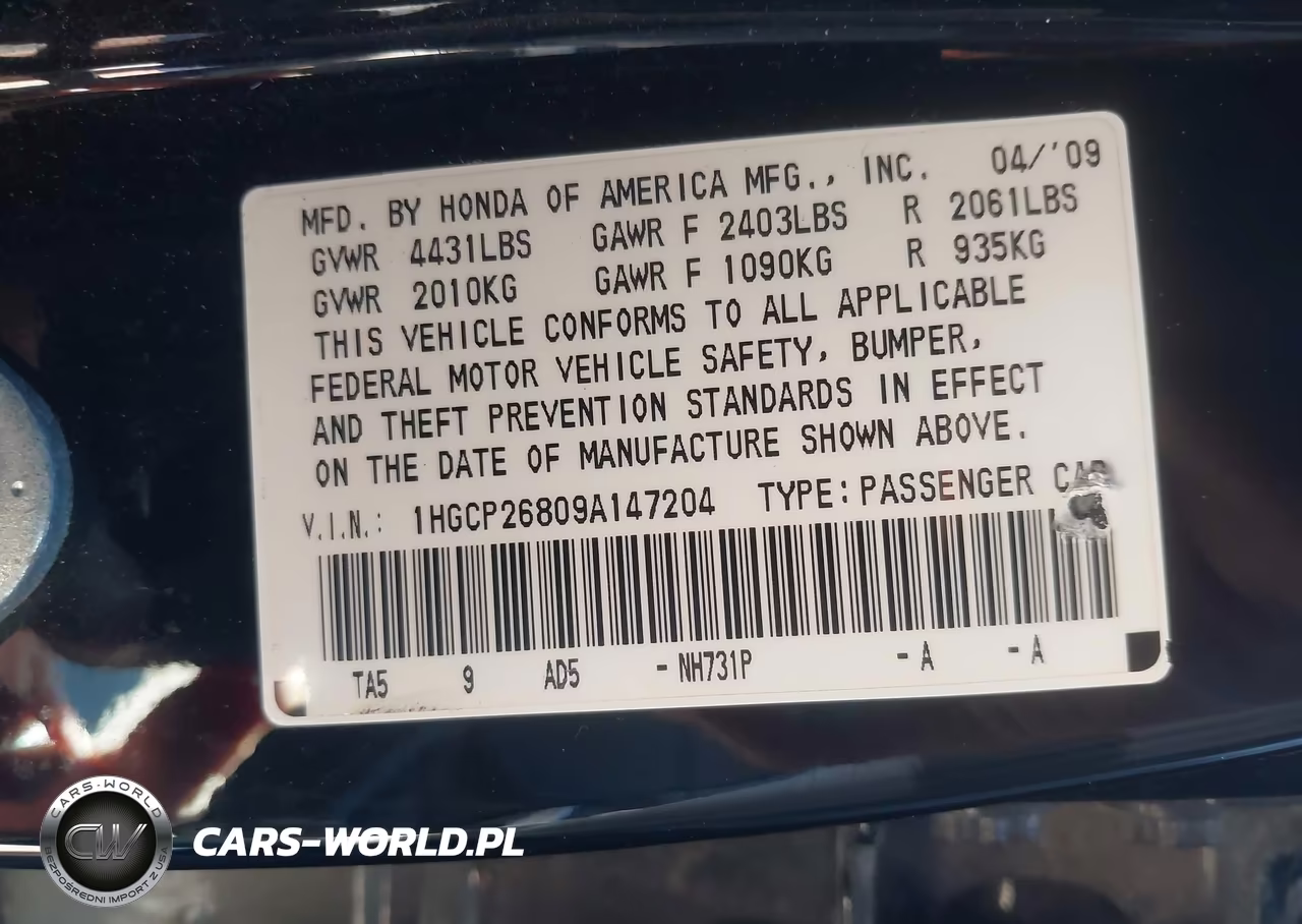 2009 Honda Accord 2.4 Ex-L VIN:1HGCP26809A147204 - 9