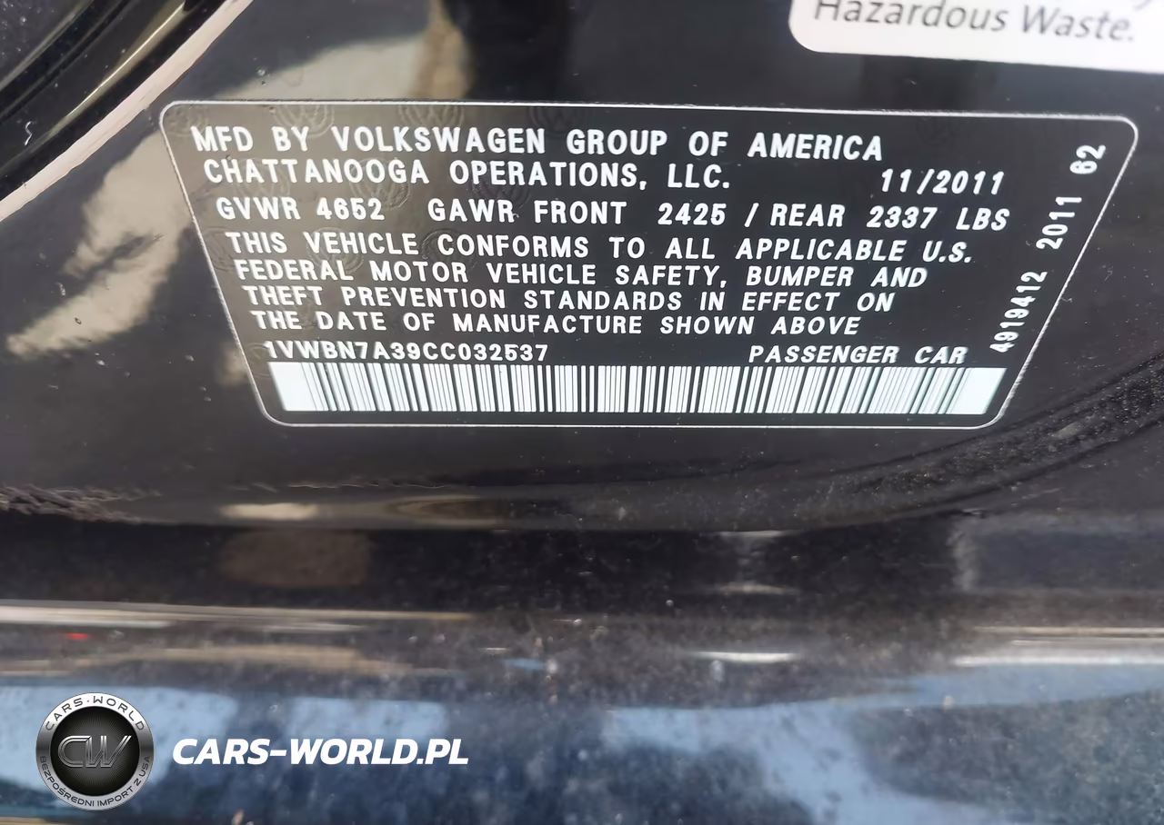 2012 Volkswagen Passat 2.0L Tdi Se VIN:1VWBN7A39CC032537 - 9