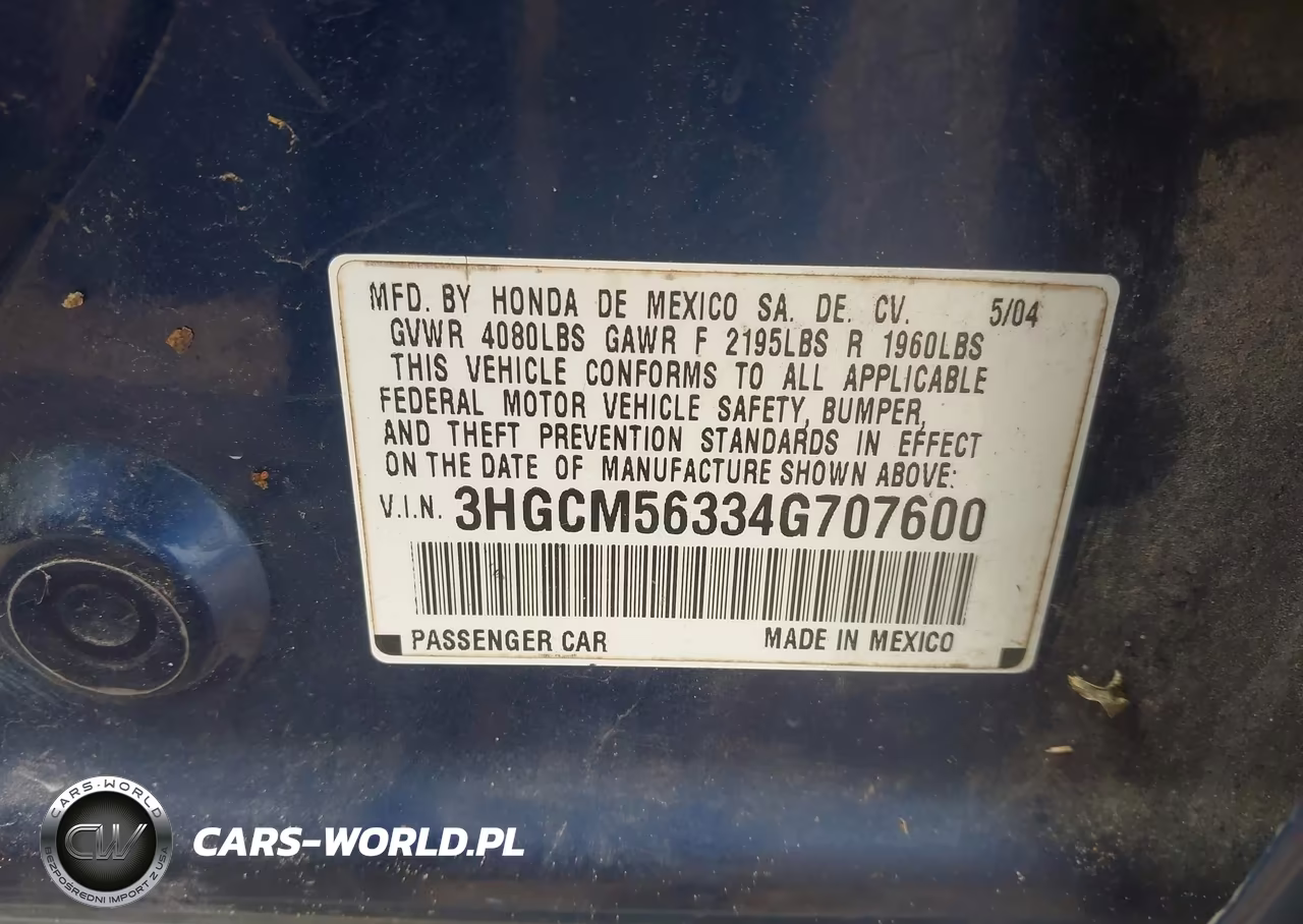 2004 Honda Accord 2.4 Lx VIN:3HGCM56334G707600 - 9