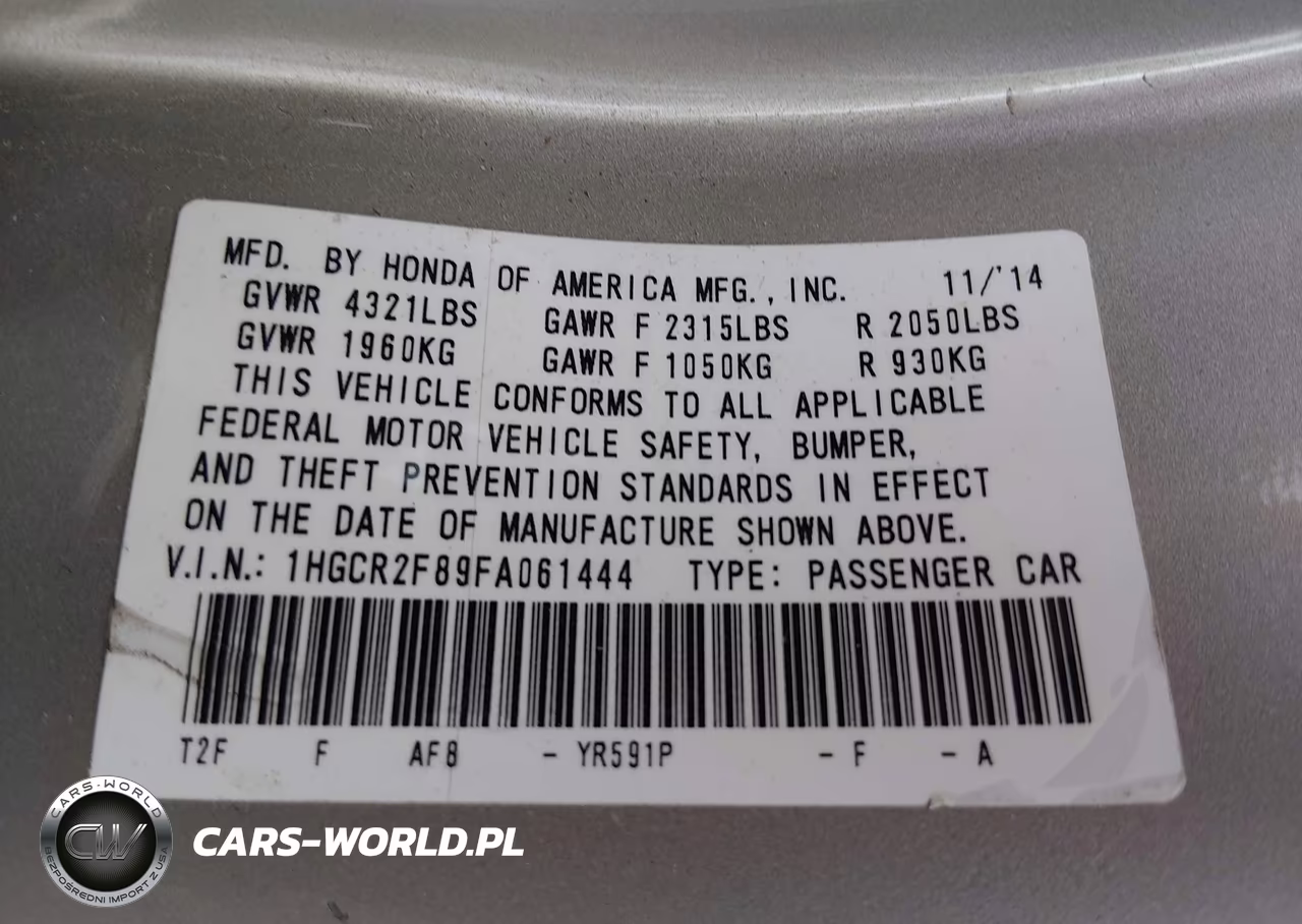 2015 Honda Accord Ex-L VIN:1HGCR2F89FA061444 - 9