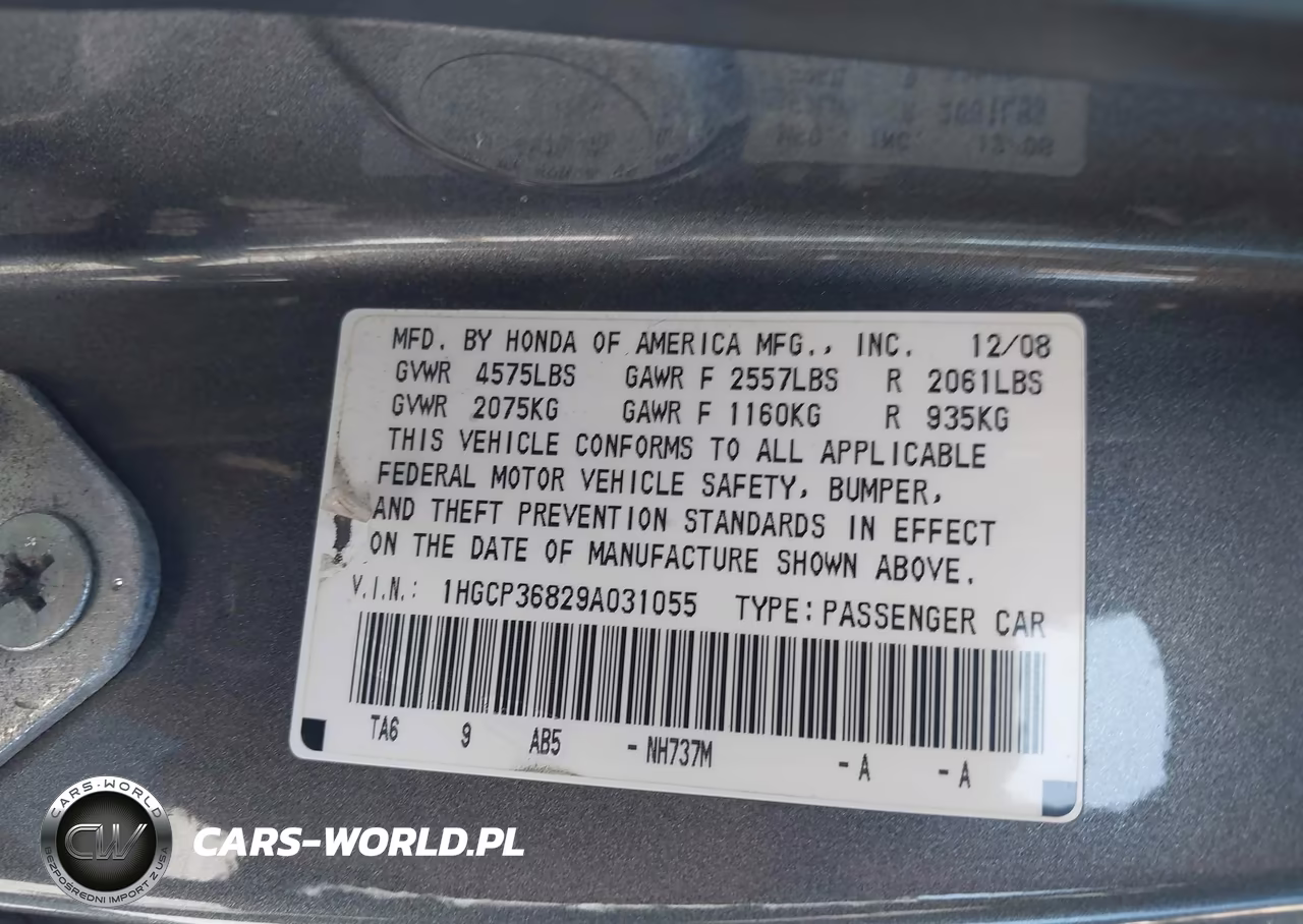 2009 Honda Accord 3.5 Ex-L VIN:1HGCP36829A031055 - 9