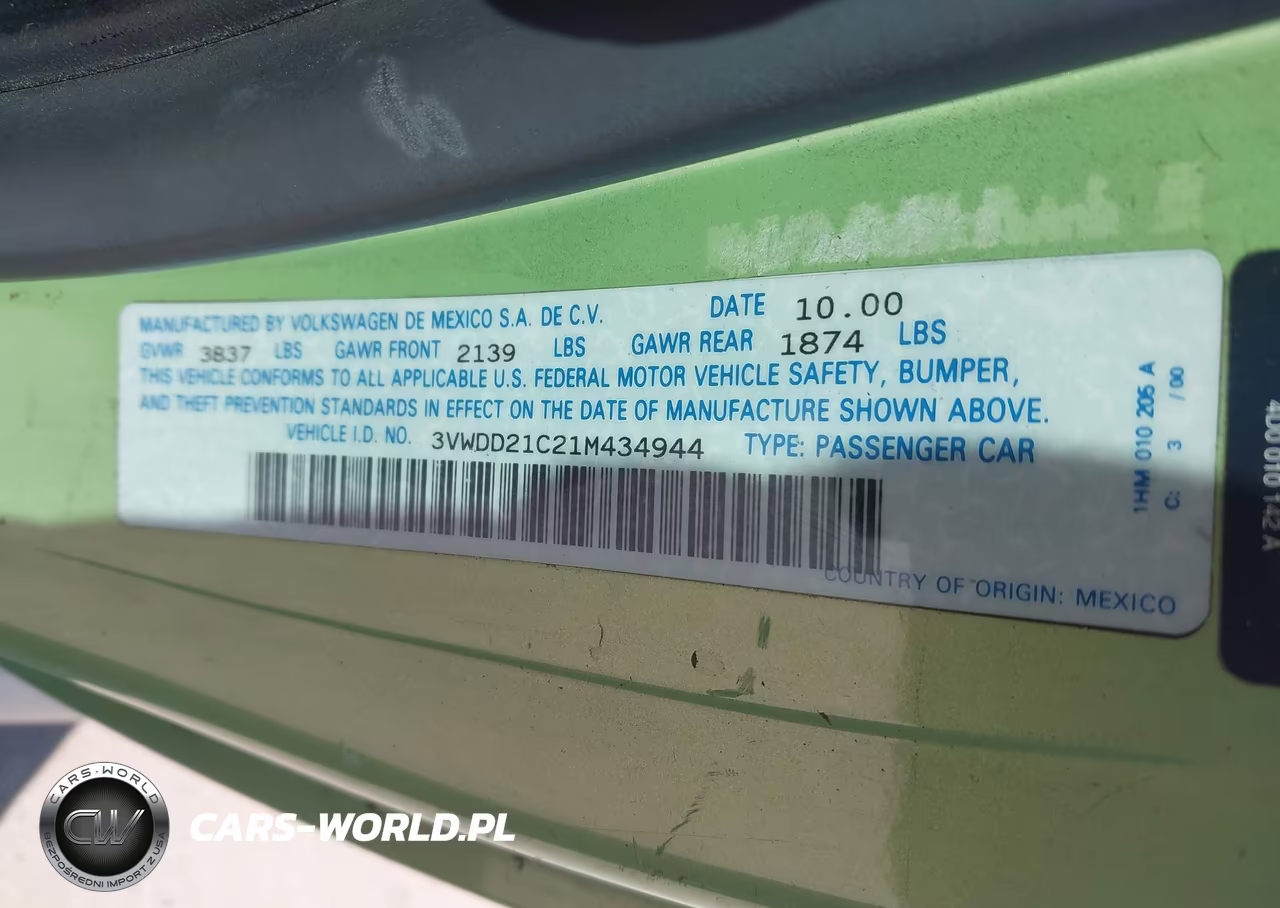 2001 Volkswagen New Beetle Glx VIN:3VWDD21C21M434944 - 9