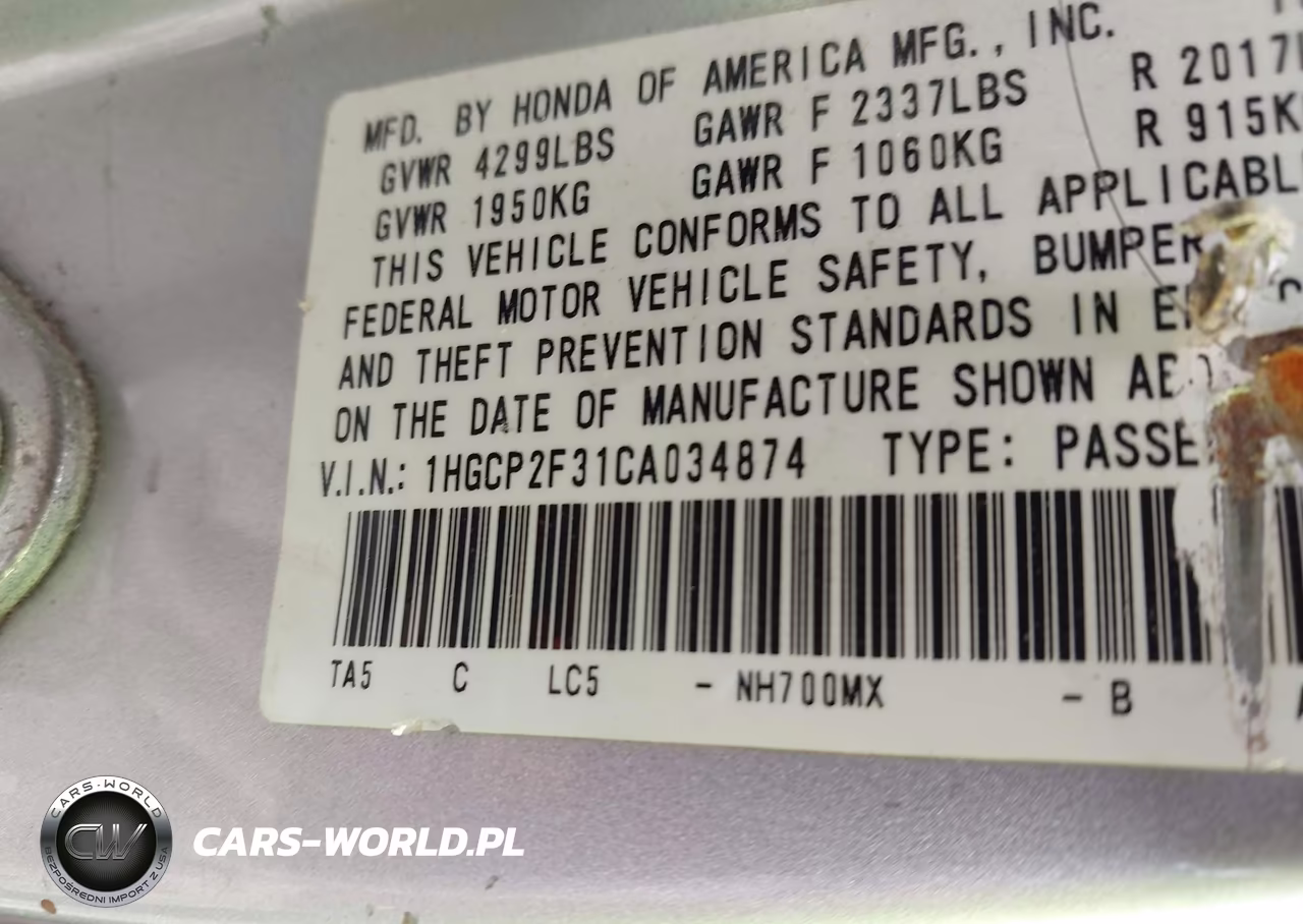 2012 Honda Accord 2.4 Lx VIN:1HGCP2F31CA034874 - 9
