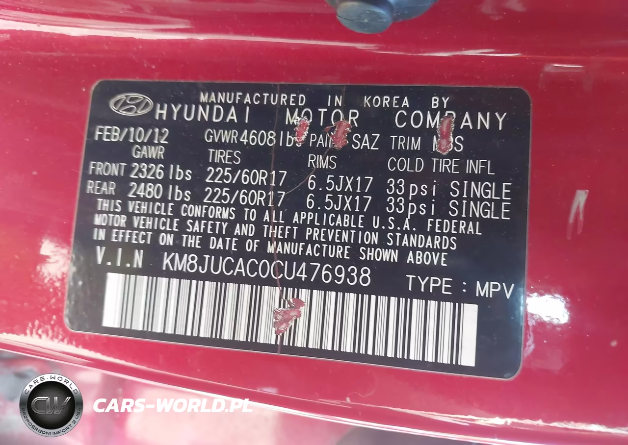 2012 Hyundai Tucson Gls VIN:KM8JUCAC0CU476938 - 9