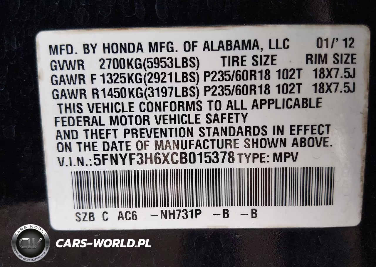 2012 Honda Pilot Ex-L VIN:5FNYF3H6XCB015378 - 9