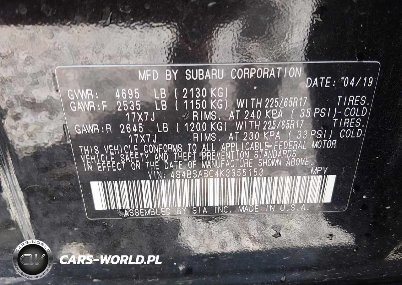 2019 Subaru Outback 2.5I VIN:4S4BSABC4K3355153 - 9